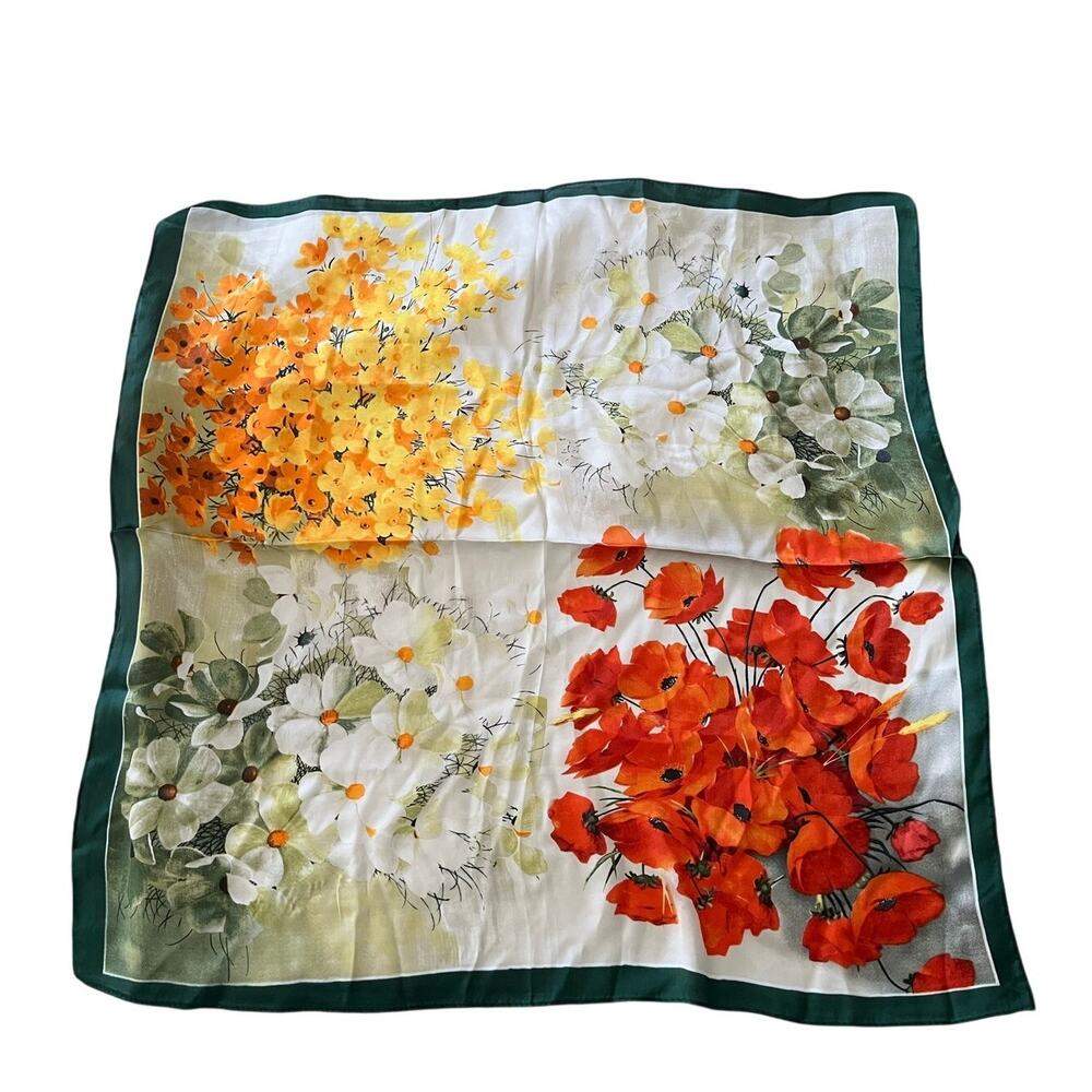 28 x 26 Vintage Womens Scarf Floral Spring Summer Cottagecore Green orange